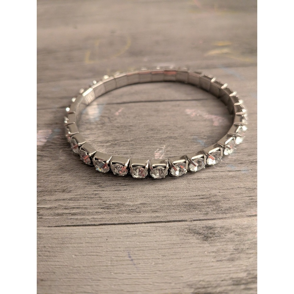 Silver Tone Clear Crystal Stretch Tennis Bracelet Round Cut Sparkly Jewelry